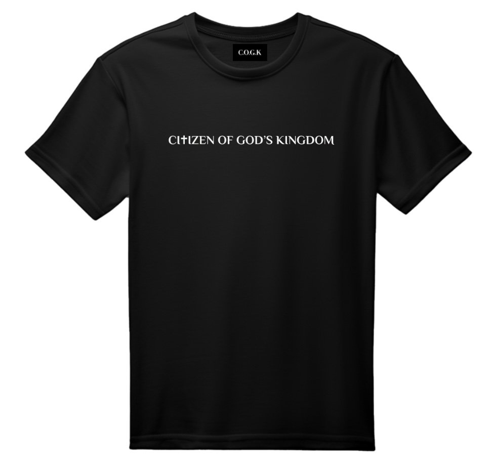 Black t-shirt reading Citizen Of God's Kingdom across the chest