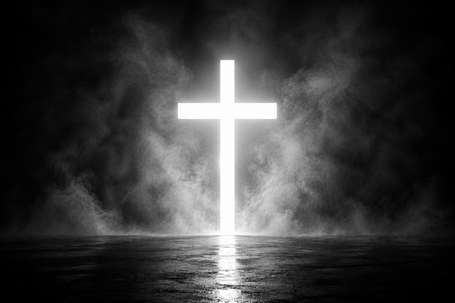 A glowing cross breaking through darkness and mist
