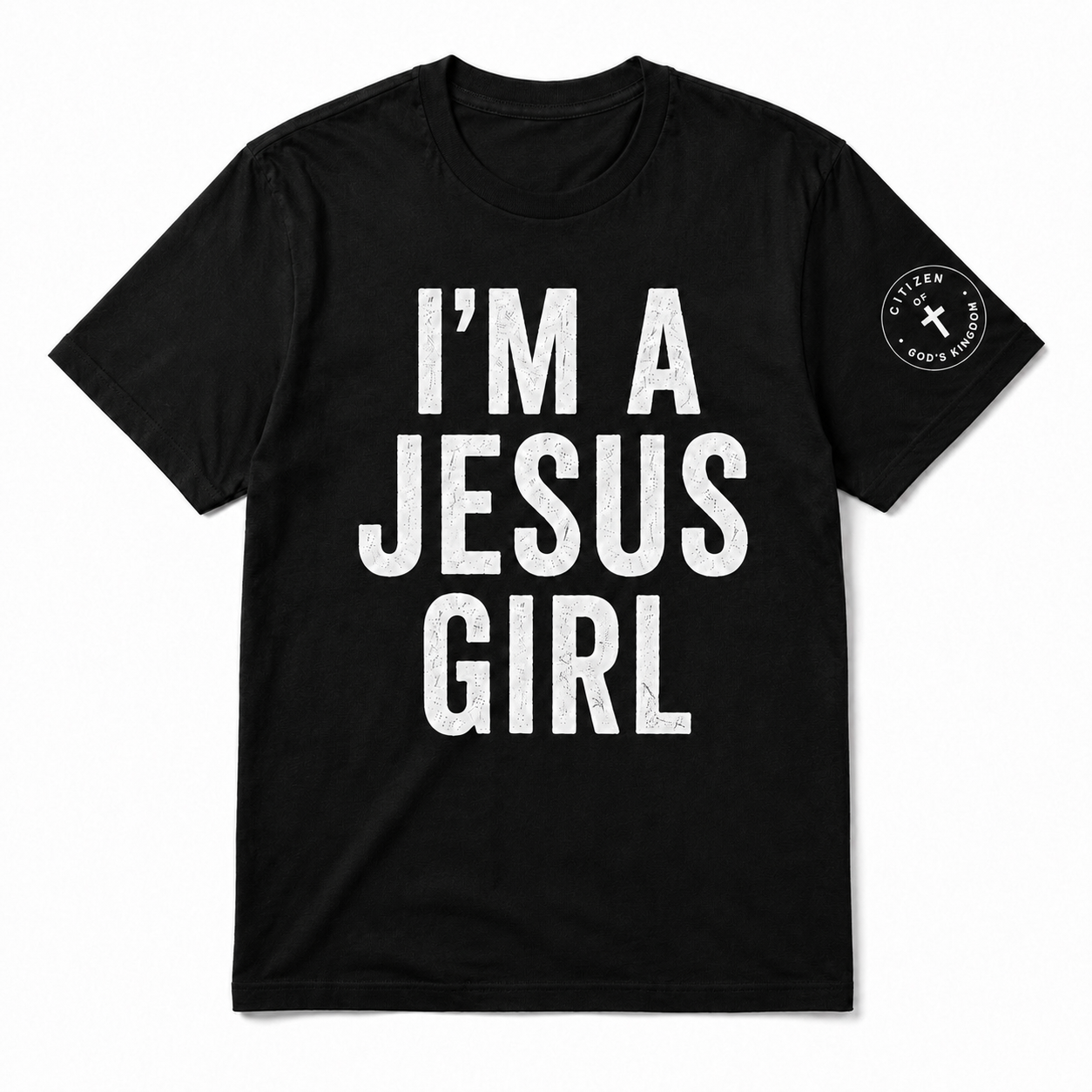 Black t-shirt reading I'm A Jesus Girl, C.O.G.K. sleeve badge
