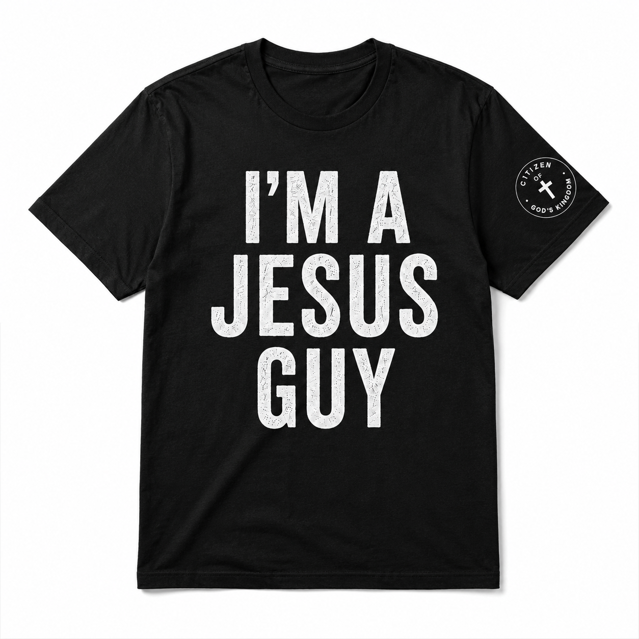 Black t-shirt reading I'm A Jesus Guy, C.O.G.K. sleeve badge